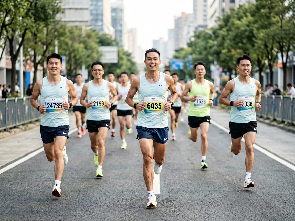 全民健身活动：城市马拉松比赛中跑者们在赛道上奔跑的场景
